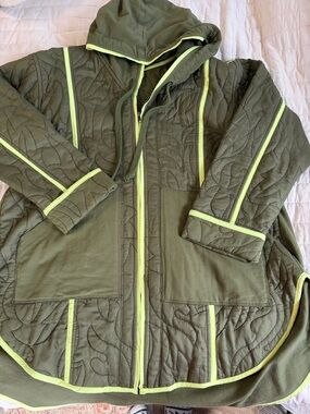 Quilted Olive Green Hooded Jacket with Lime Trim